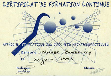 Diplôme de crochetage myo-aponévrotique obtenu en juin 1995