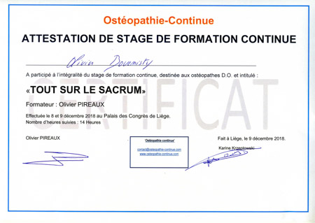 Attestation de stage de formation continue “Tout sur le sacrum”